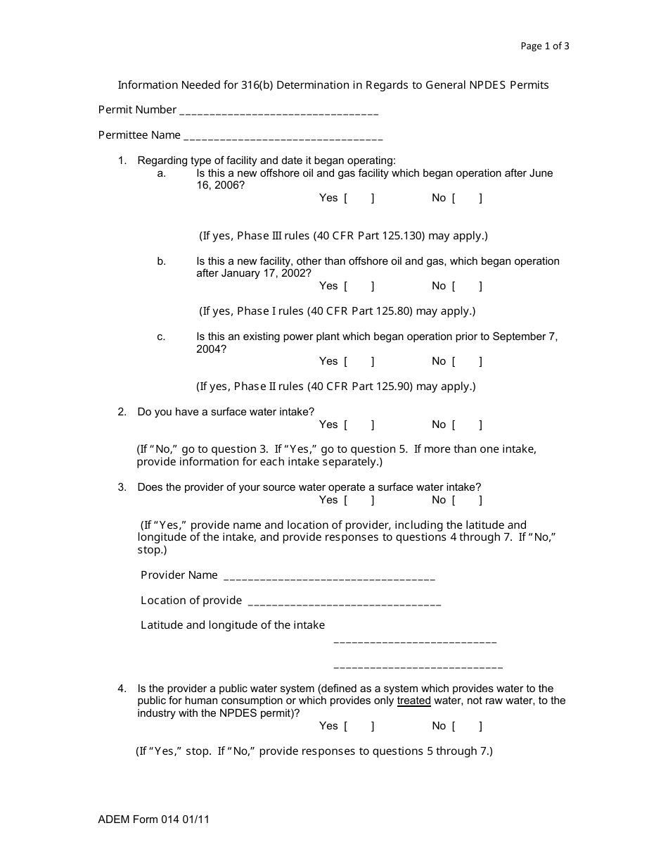 ADEM Form 14 Information Needed for 316(B) Determination in Regards to General Npdes Permits - Alabama, Page 1