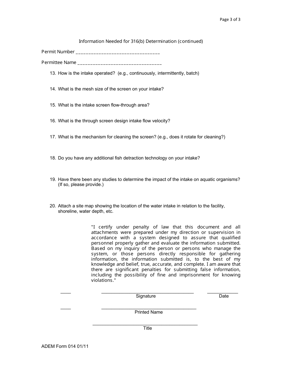 ADEM Form 14 Information Needed for 316(B) Determination in Regards to General Npdes Permits - Alabama, Page 3