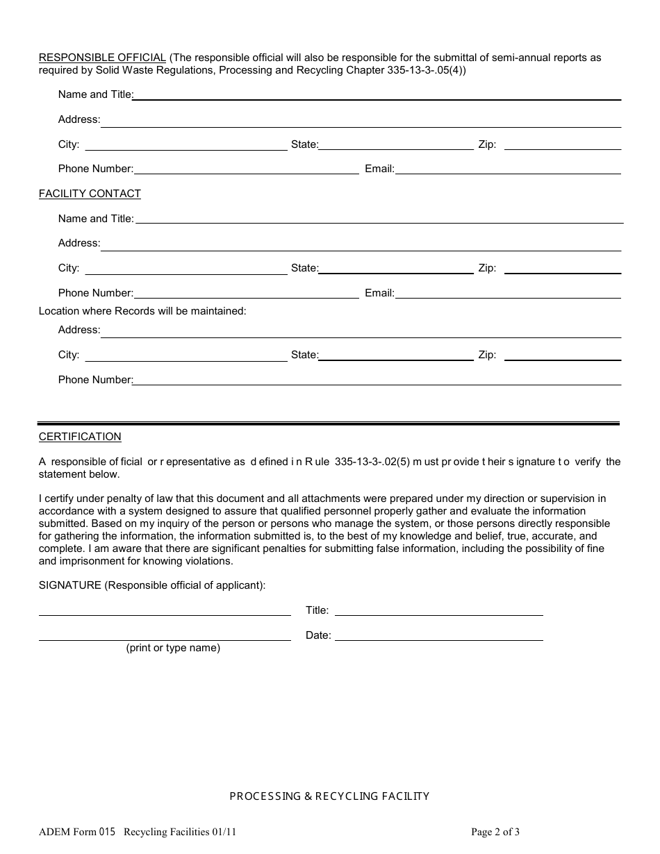 ADEM Form 015 Processing and Recycling General Information - Alabama, Page 2