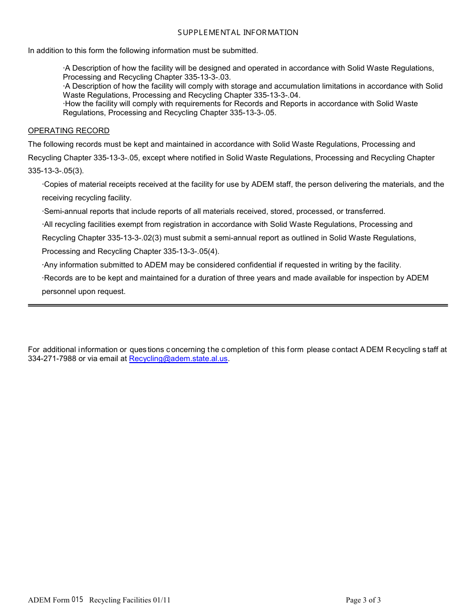 ADEM Form 015 Processing and Recycling General Information - Alabama, Page 3