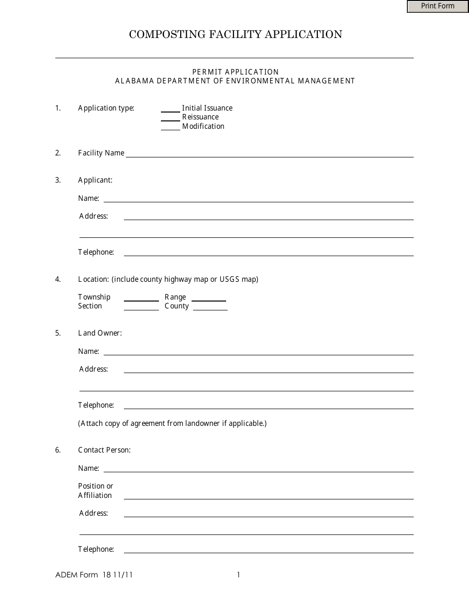 ADEM Form 18 Composting Facility Application - Alabama, Page 1