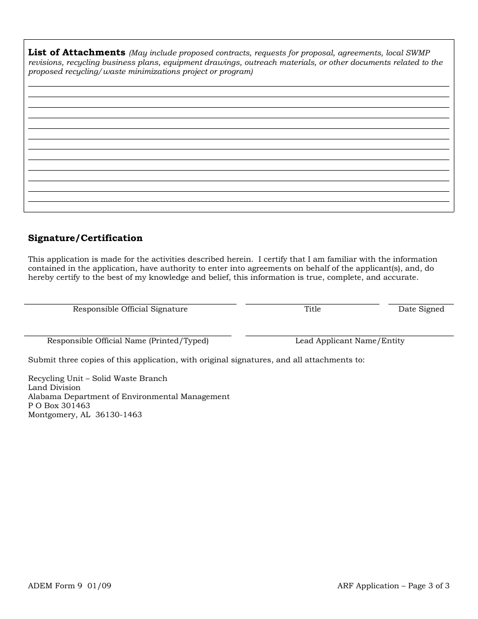 ADEM Form 9 Alabama Recycling Fund Grant Application - Alabama, Page 3