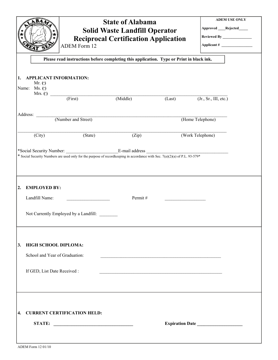 ADEM Form 12 Solid Waste Landfill Operator Reciprocal Certification Application - Alabama, Page 1