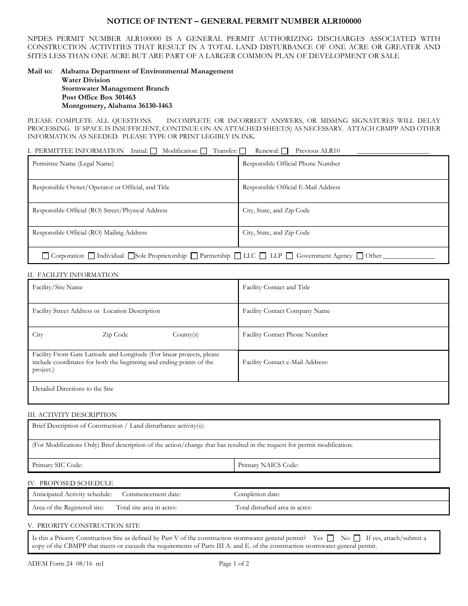ADEM Form 24 Notice of Intent - General Permit Number Alr100000 - Alabama, Page 1