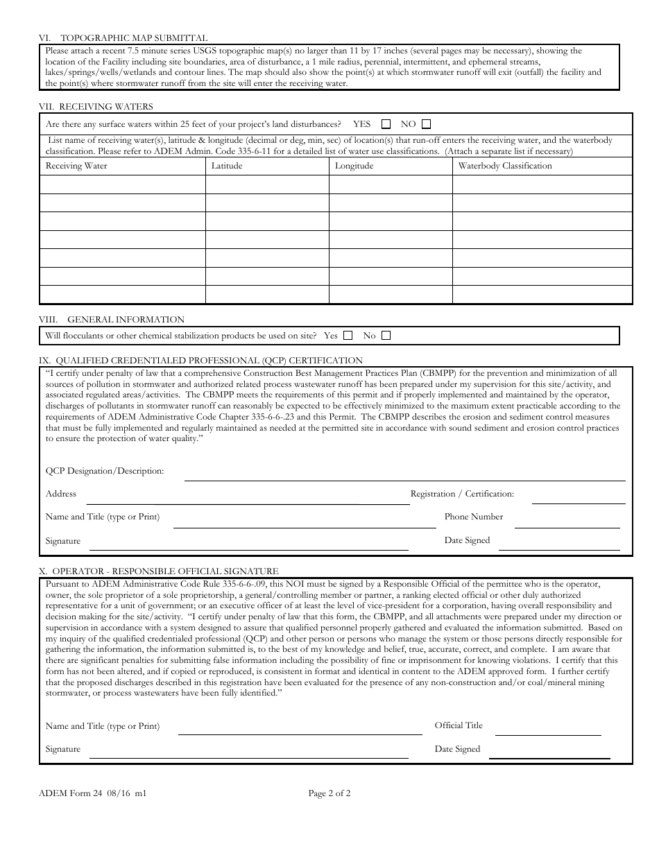 ADEM Form 24 Notice of Intent - General Permit Number Alr100000 - Alabama, Page 2