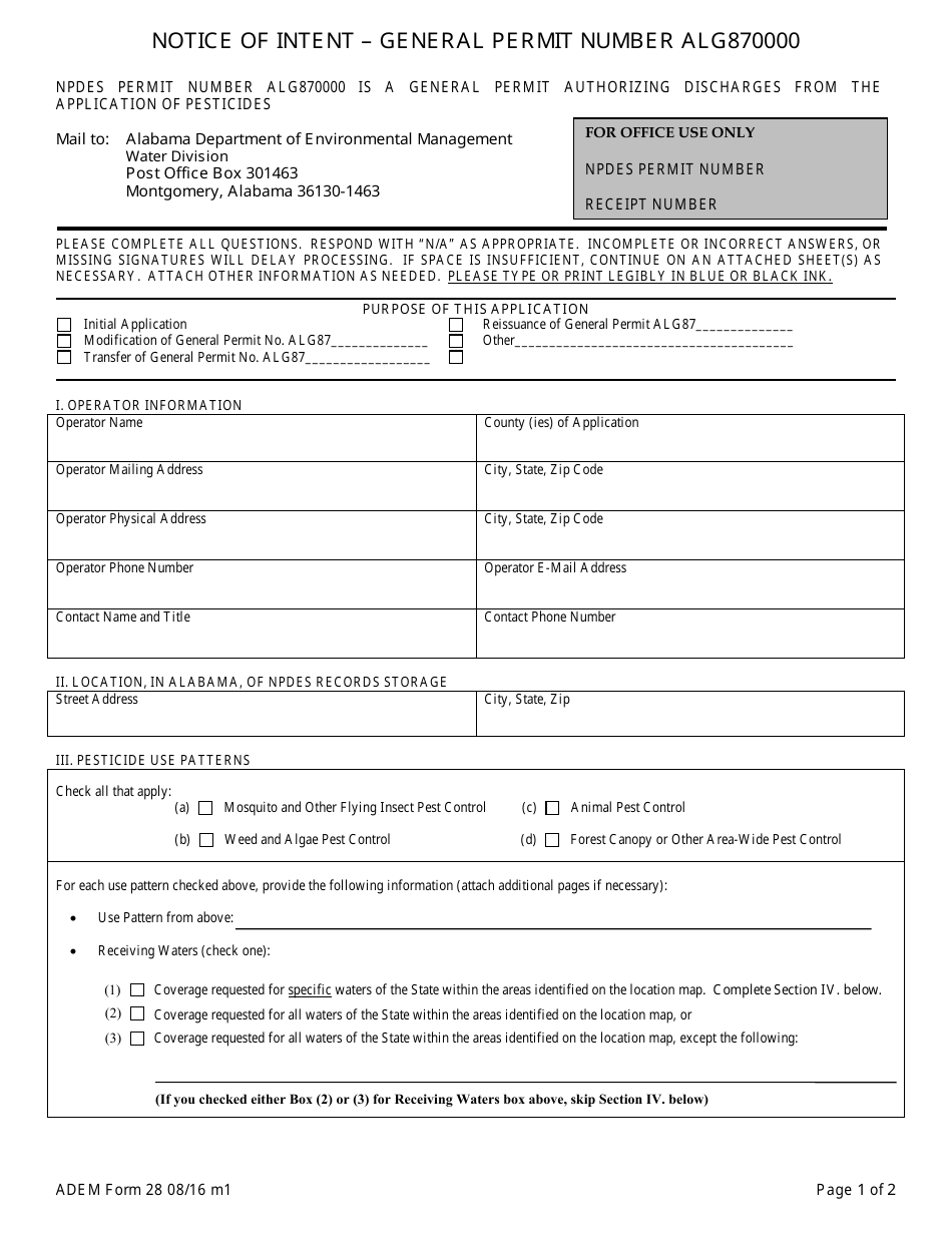 ADEM Form 28 Notice of Intent - General Permit Number Alg870000 - Alabama, Page 1