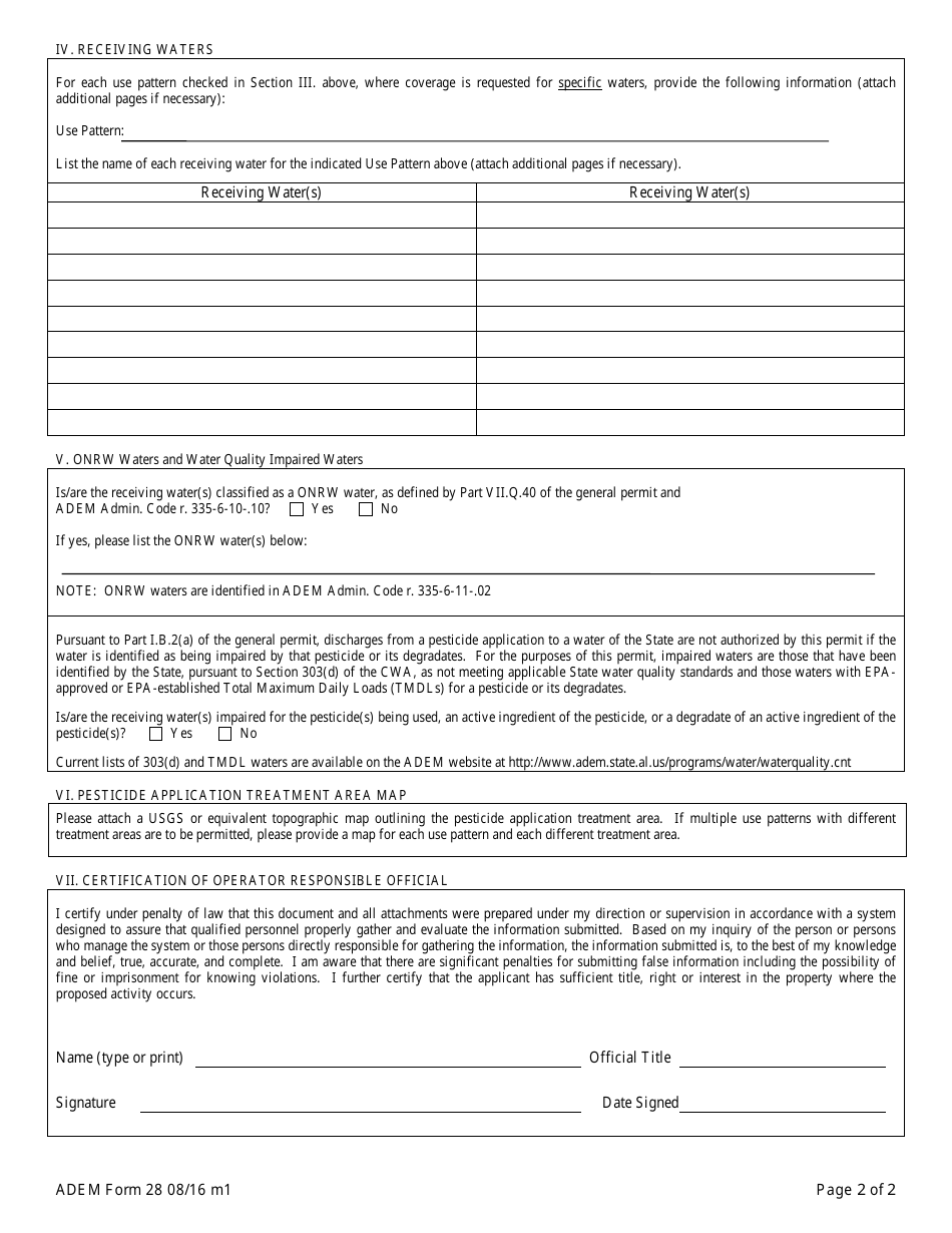 ADEM Form 28 Notice of Intent - General Permit Number Alg870000 - Alabama, Page 2