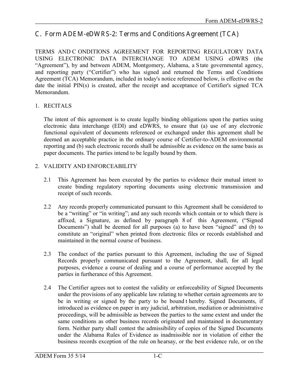 ADEM Form 35 (ADEM-eDWRS-2) Terms and Conditions Agreement - Alabama, Page 1