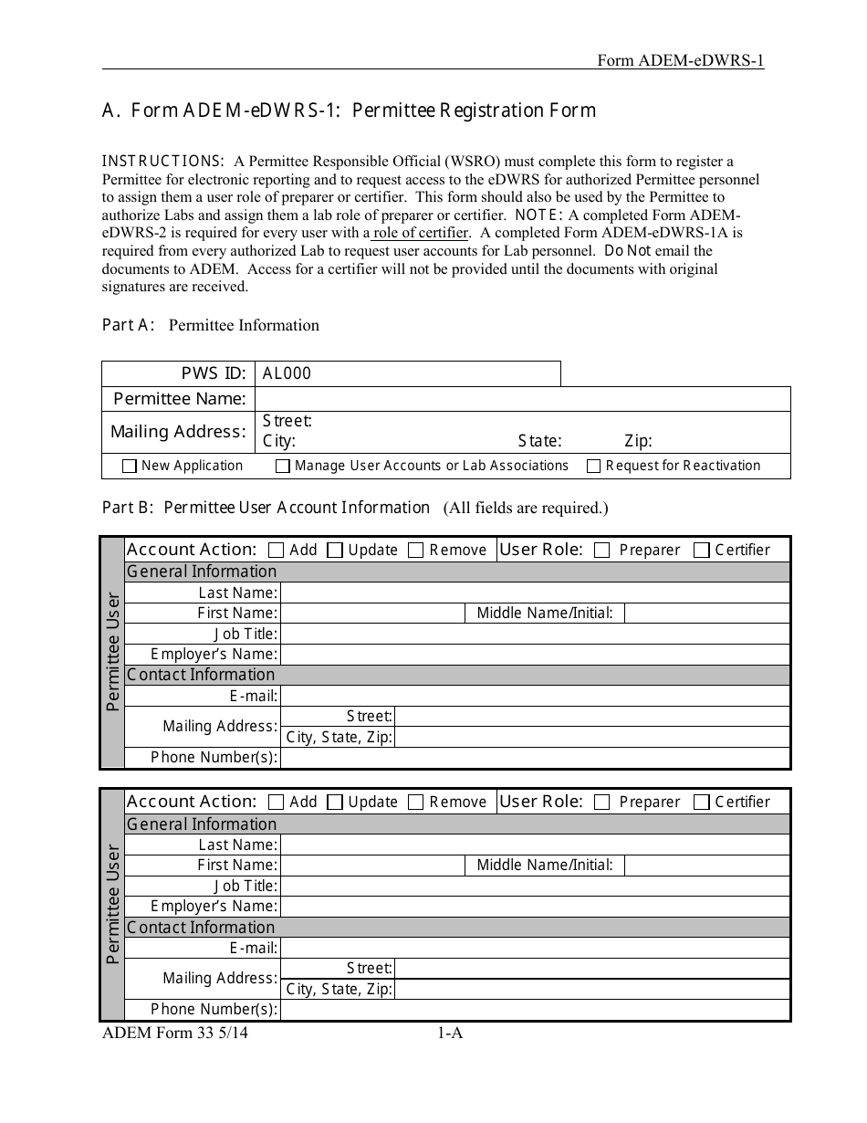 ADEM Form 33 (ADEM-eDWRS-1) Permittee Registration Form - Alabama, Page 1