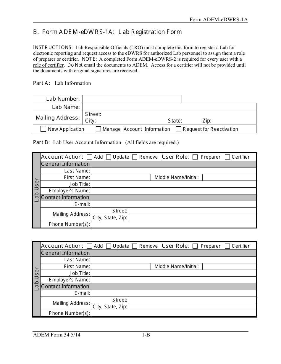 ADEM Form 34 (ADEM-eDWRS-1A) Lab Registration Form - Alabama, Page 1
