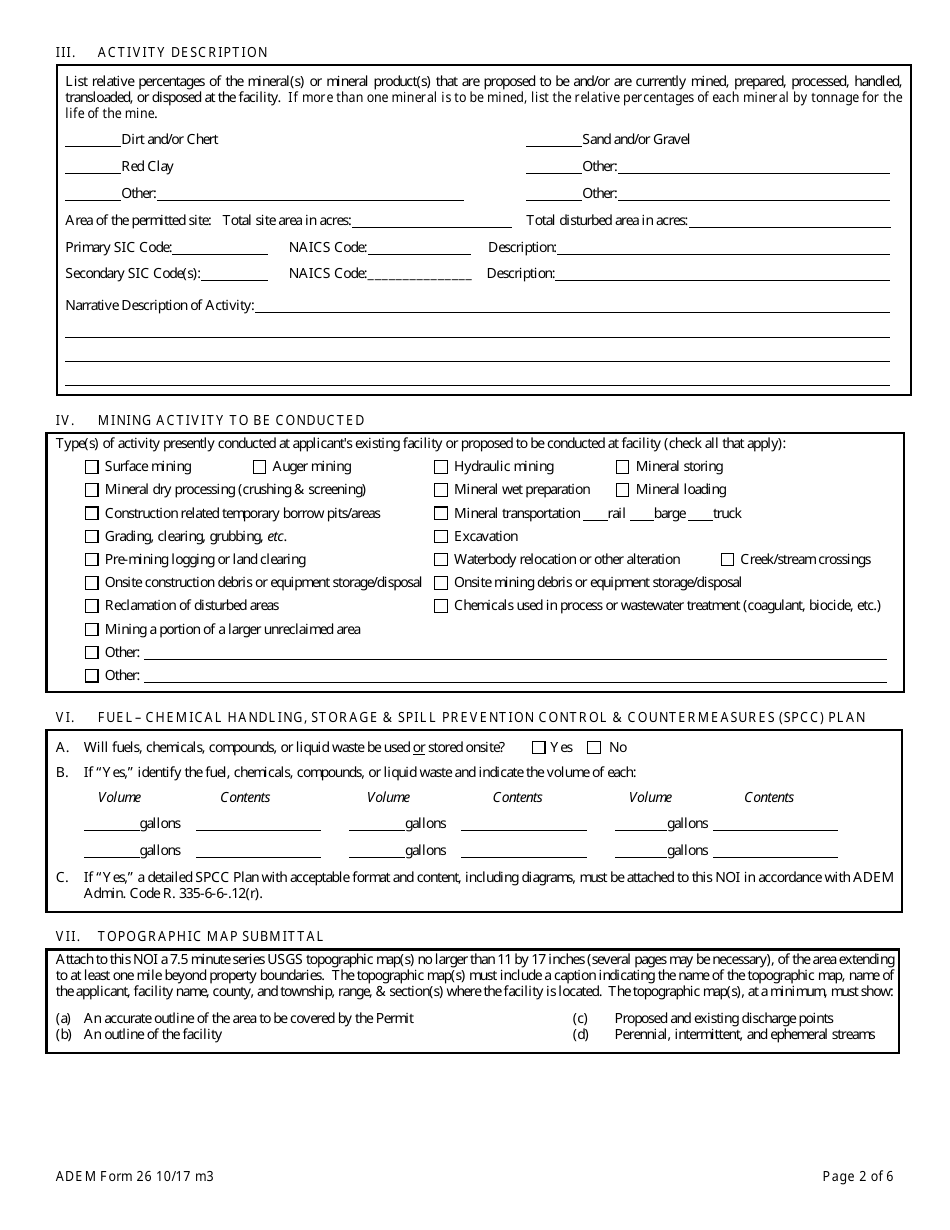 ADEM Form 26 Notice of Intent - Npdes General Permit Number Alg850000 - Alabama, Page 2