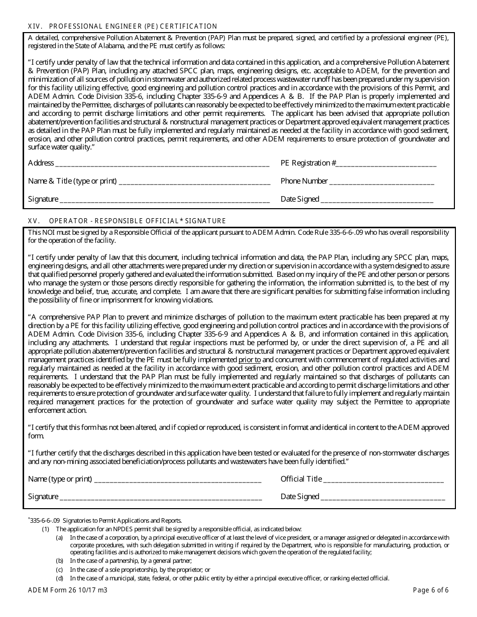 ADEM Form 26 Notice of Intent - Npdes General Permit Number Alg850000 - Alabama, Page 6