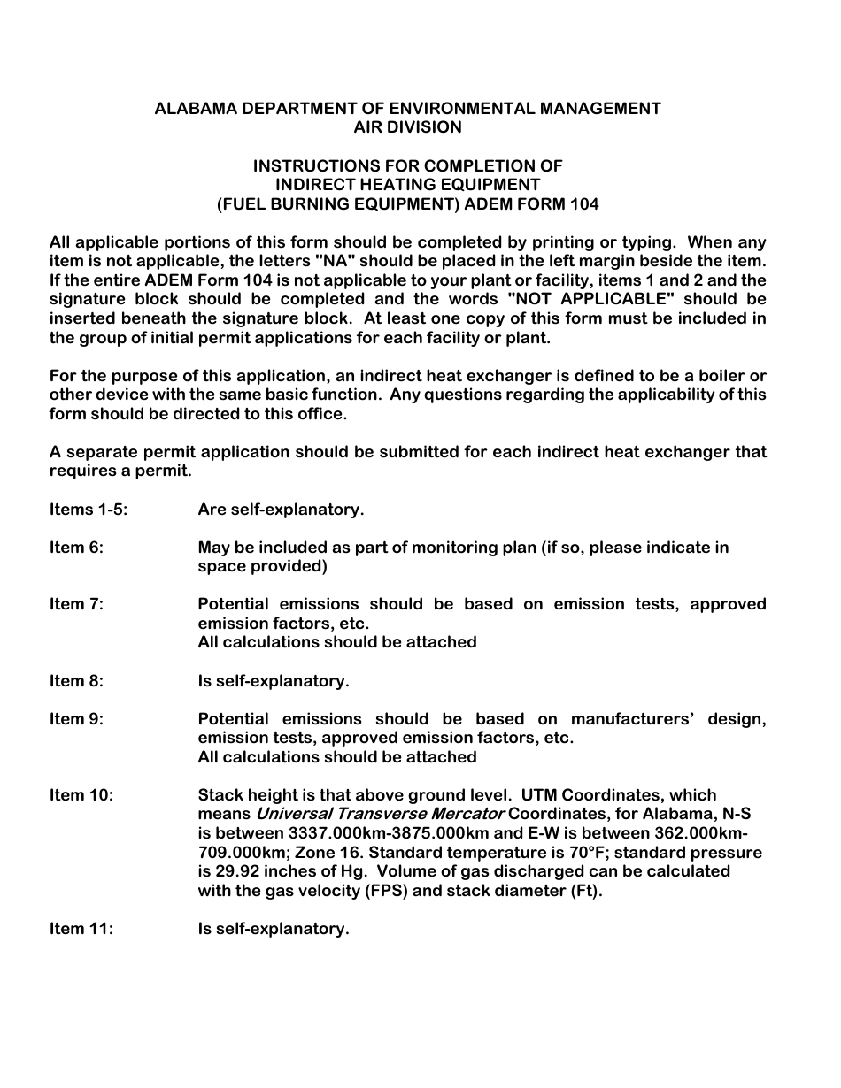 ADEM Form 104 Permit Application for Indirect Heating Equipment (Fuel Burning Equipment) - Alabama, Page 1