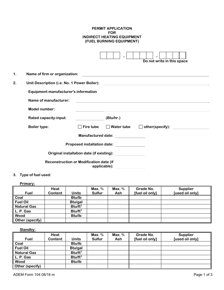 ADEM Form 104 Permit Application for Indirect Heating Equipment (Fuel Burning Equipment) - Alabama, Page 2