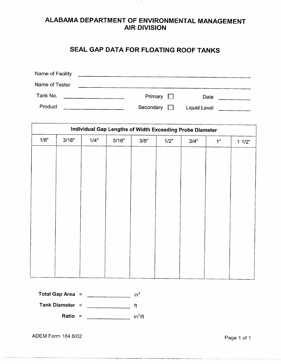 ADEM Form 184 Seal Gap Data for Floating Roof Tanks - Alabama, Page 1