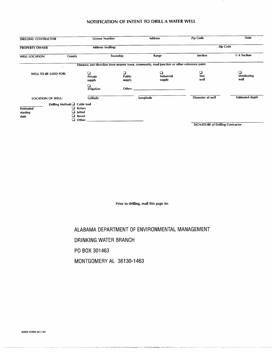 ADEM Form 60 Notification of Intent to Drill a Water Well and Certification of Completion - Alabama, Page 2