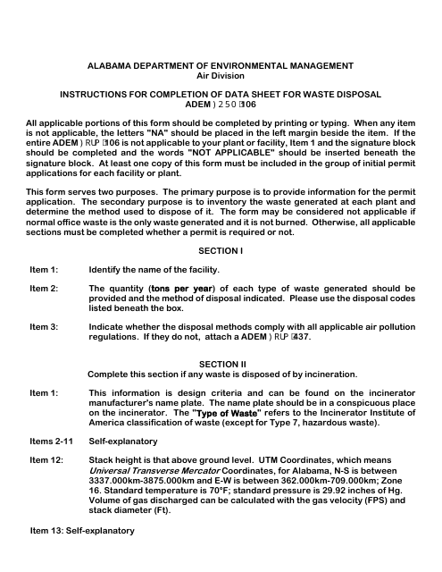 ADEM Form 106 Permit Application for Waste Disposal - Alabama