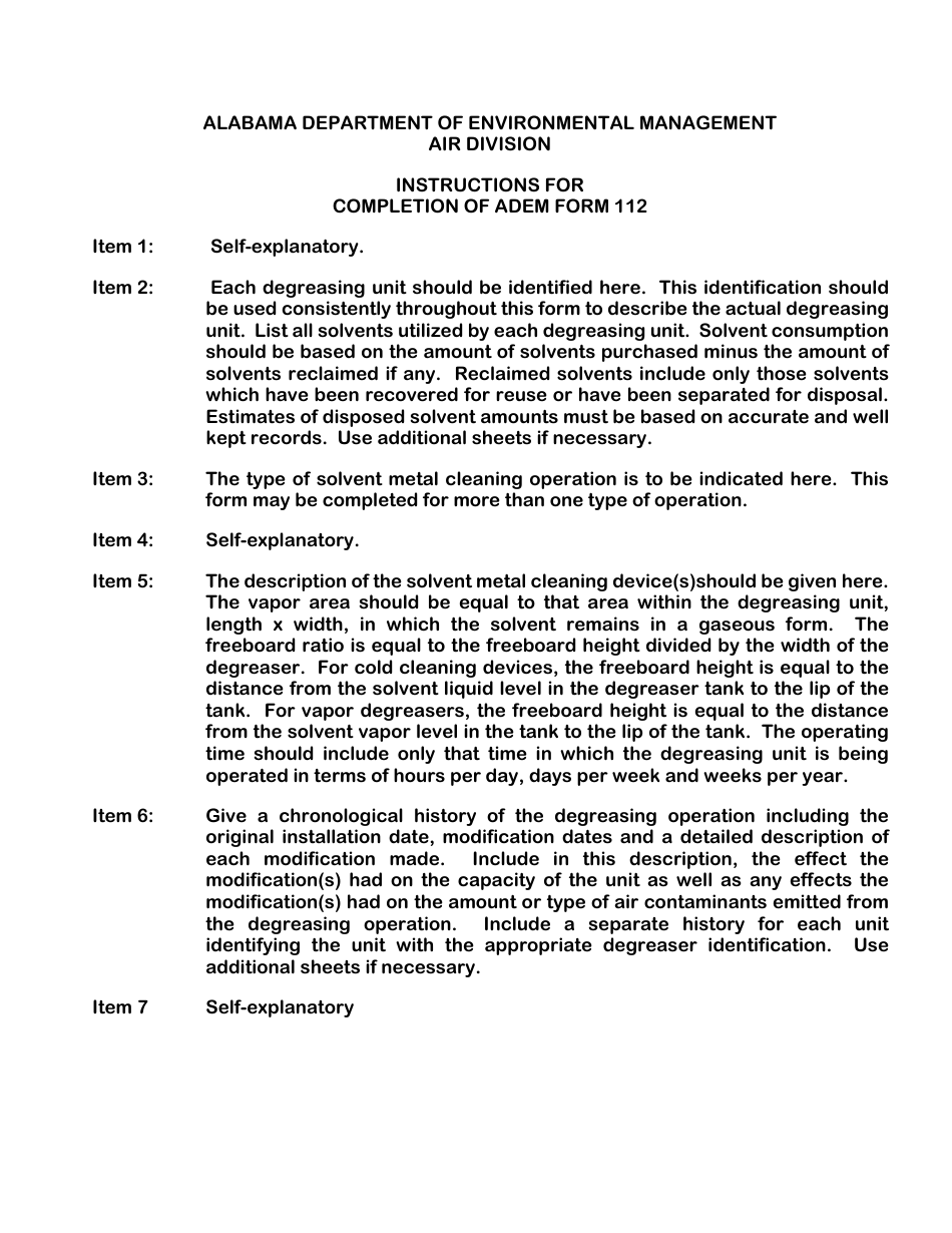 ADEM Form 112 Permit Application for Solvent Metal Cleaning - Alabama, Page 1
