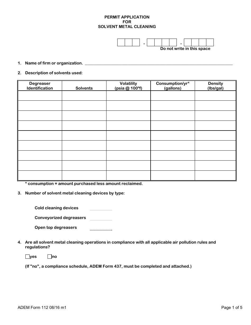 ADEM Form 112 Permit Application for Solvent Metal Cleaning - Alabama, Page 3