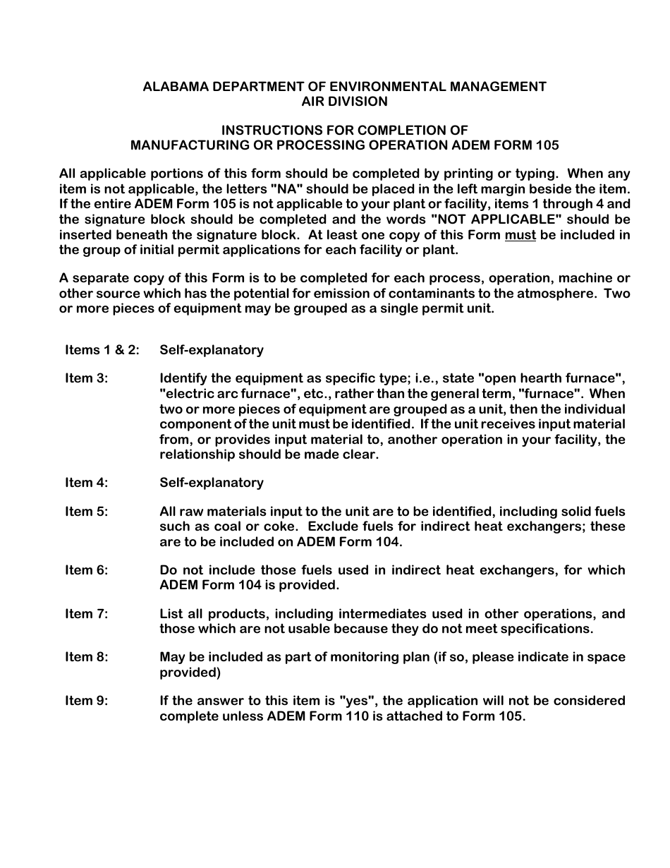 ADEM Form 105 Permit Application for Manufacturing or Processing Operation - Alabama, Page 1