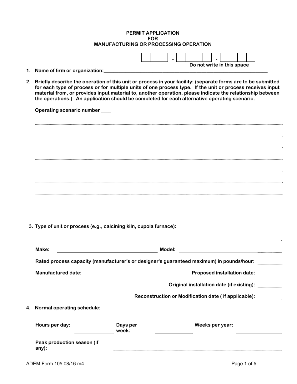 ADEM Form 105 Permit Application for Manufacturing or Processing Operation - Alabama, Page 3