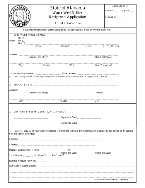 ADEM Form 194  Printable Pdf