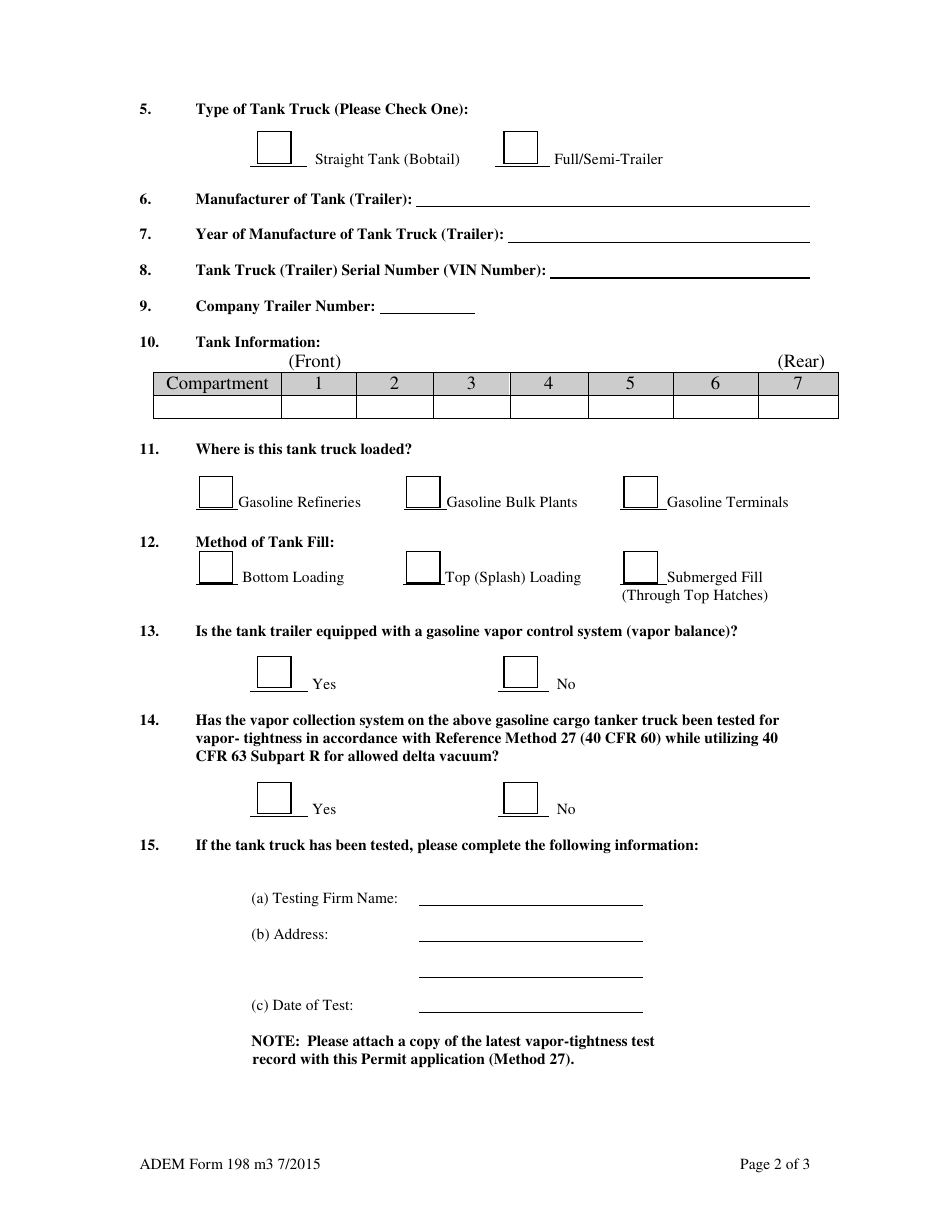 ADEM Form 198 Gasoline Transport Tank Truck Application - Alabama, Page 2