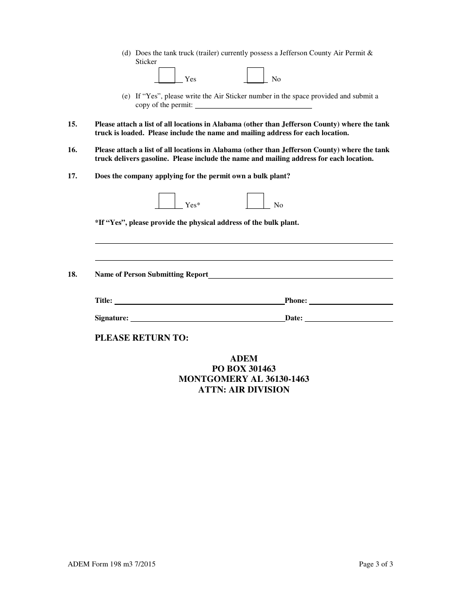 ADEM Form 198 Gasoline Transport Tank Truck Application - Alabama, Page 3