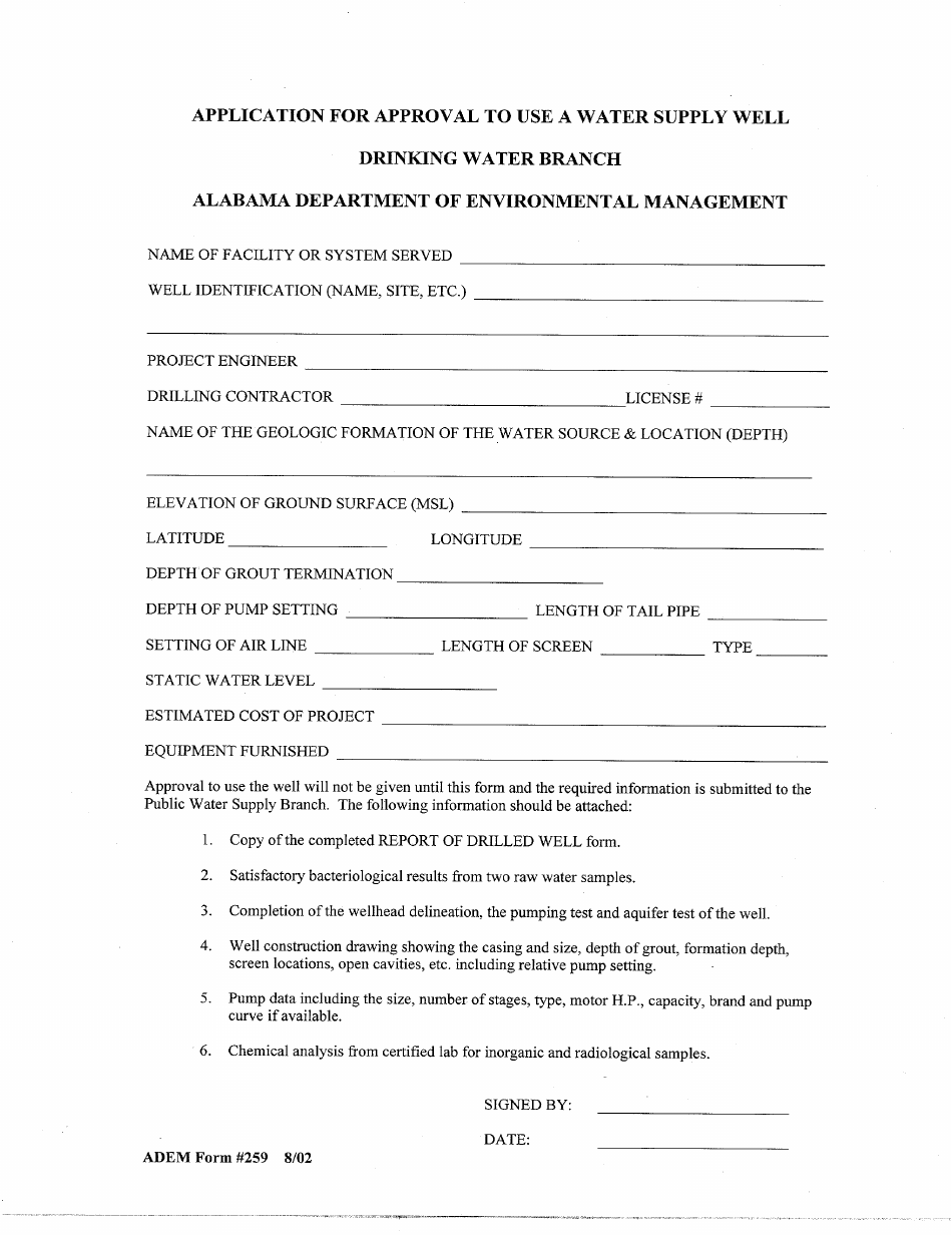 ADEM Form 259 Application for Approval to Use a Water Supply Well - Alabama, Page 1