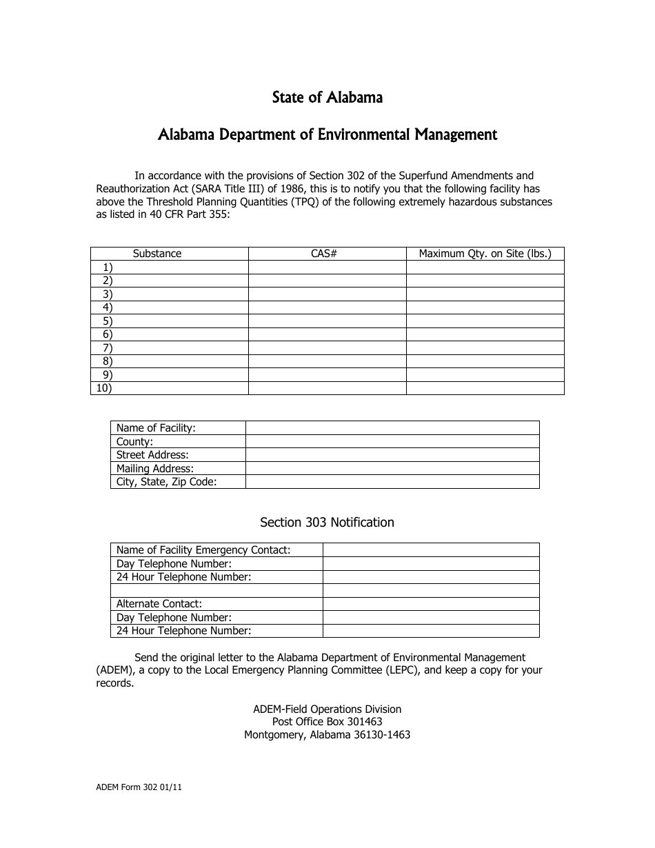 ADEM Form 302 Threshold Planning Quantities - Alabama, Page 1