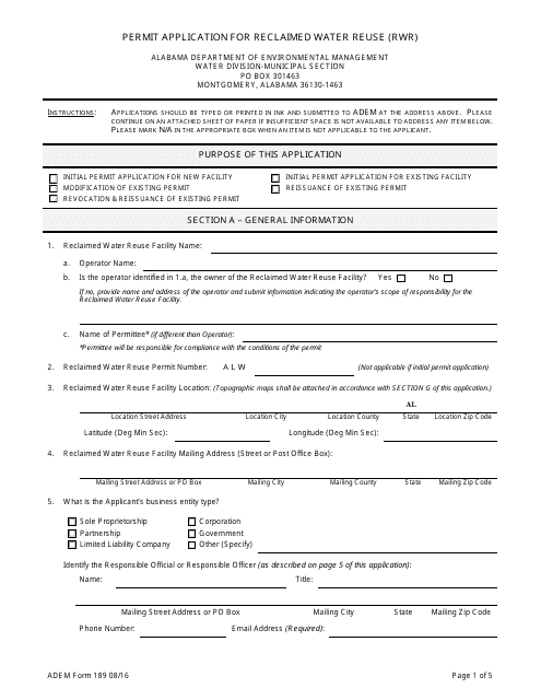 ADEM Form 189  Printable Pdf