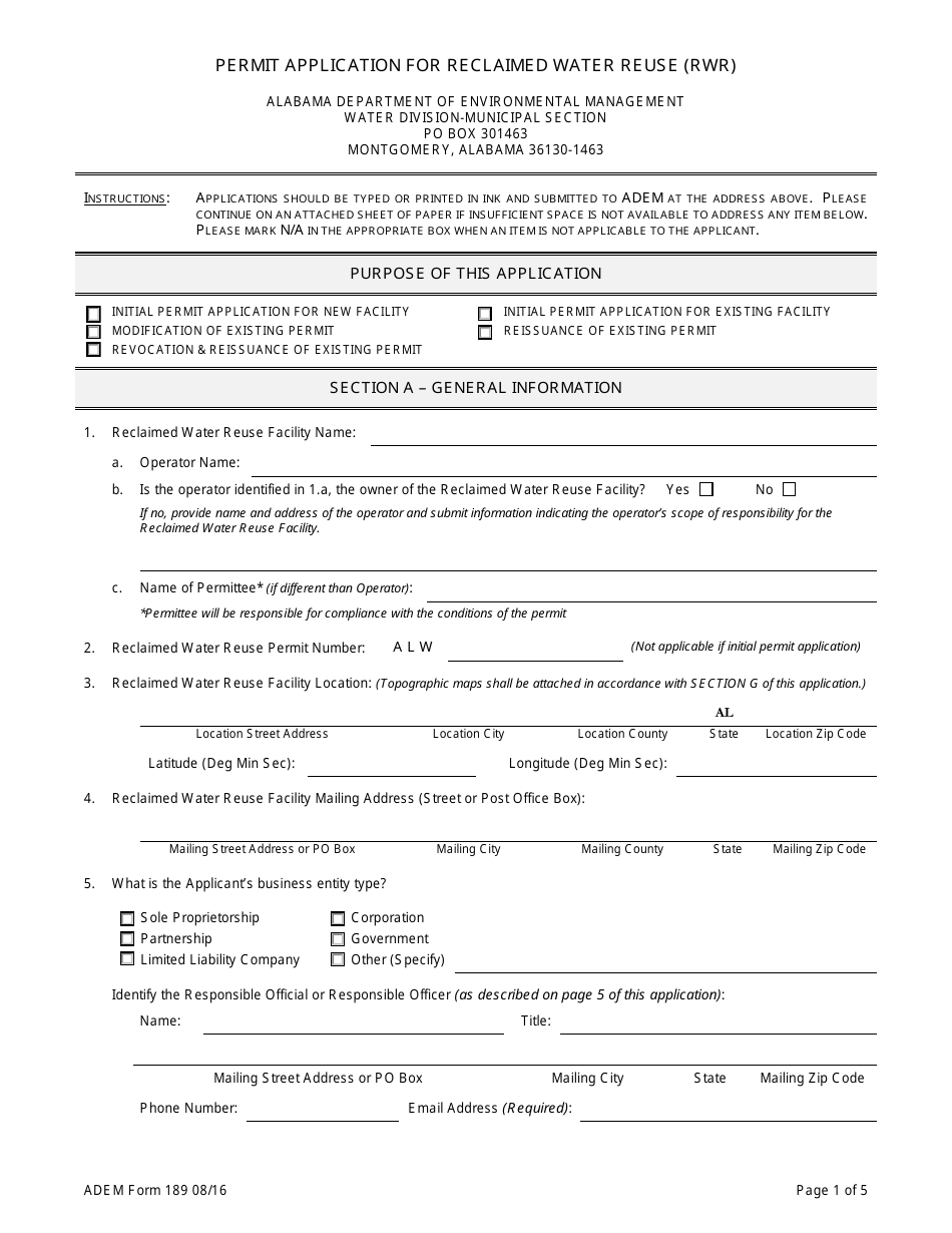 ADEM Form 189 Permit Application for Reclaimed Water Reuse (Rwr) - Alabama, Page 1