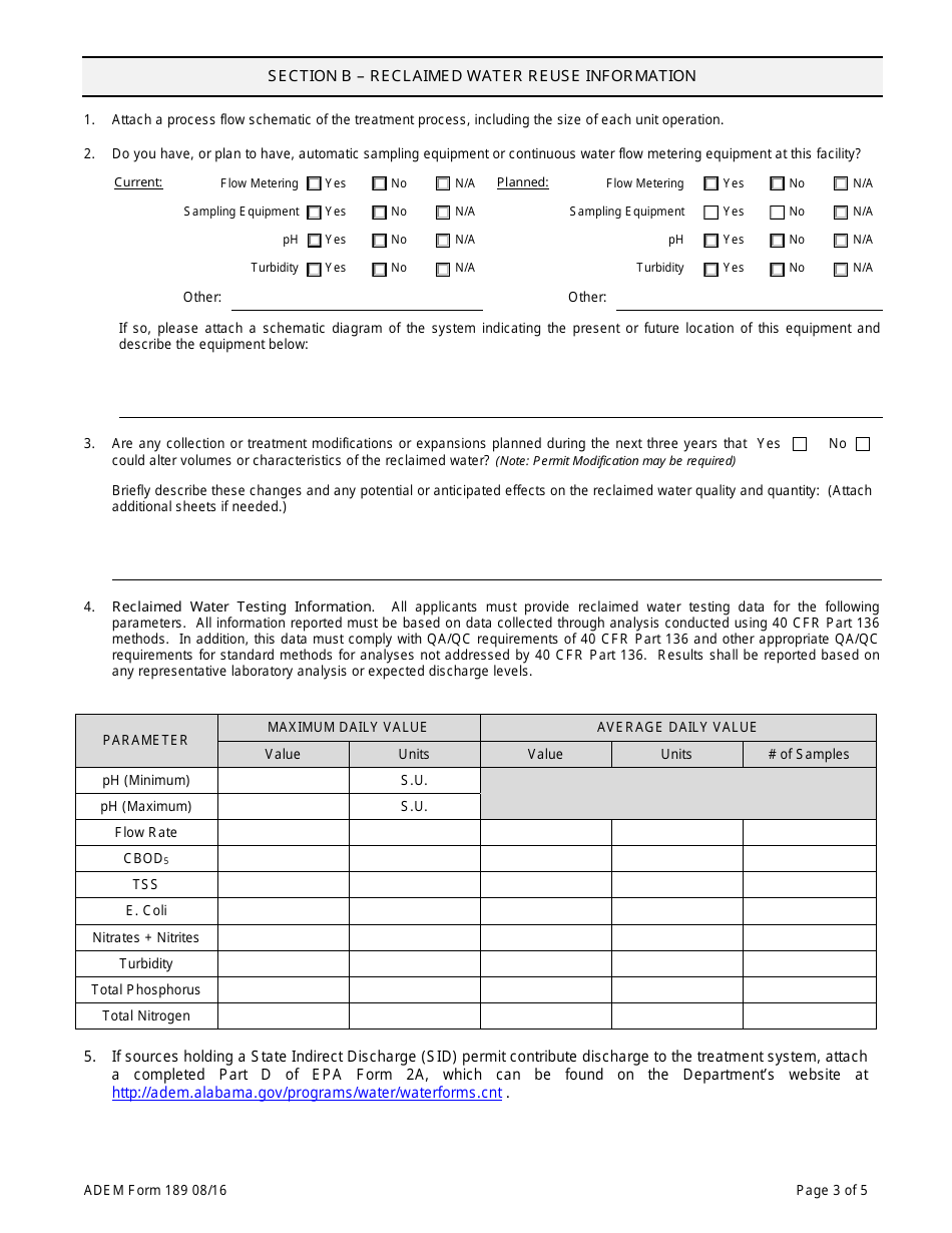 ADEM Form 189 Permit Application for Reclaimed Water Reuse (Rwr) - Alabama, Page 3
