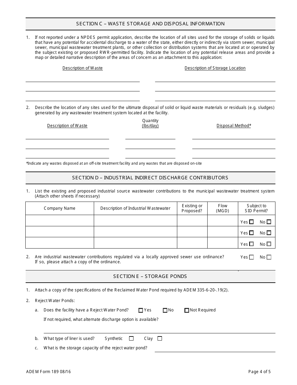 ADEM Form 189 Permit Application for Reclaimed Water Reuse (Rwr) - Alabama, Page 4