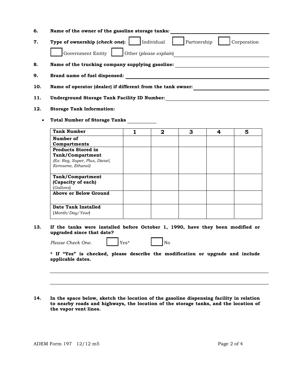 ADEM Form 197 Air Permit Application for Gasoline Dispensing Facilities - Alabama, Page 2