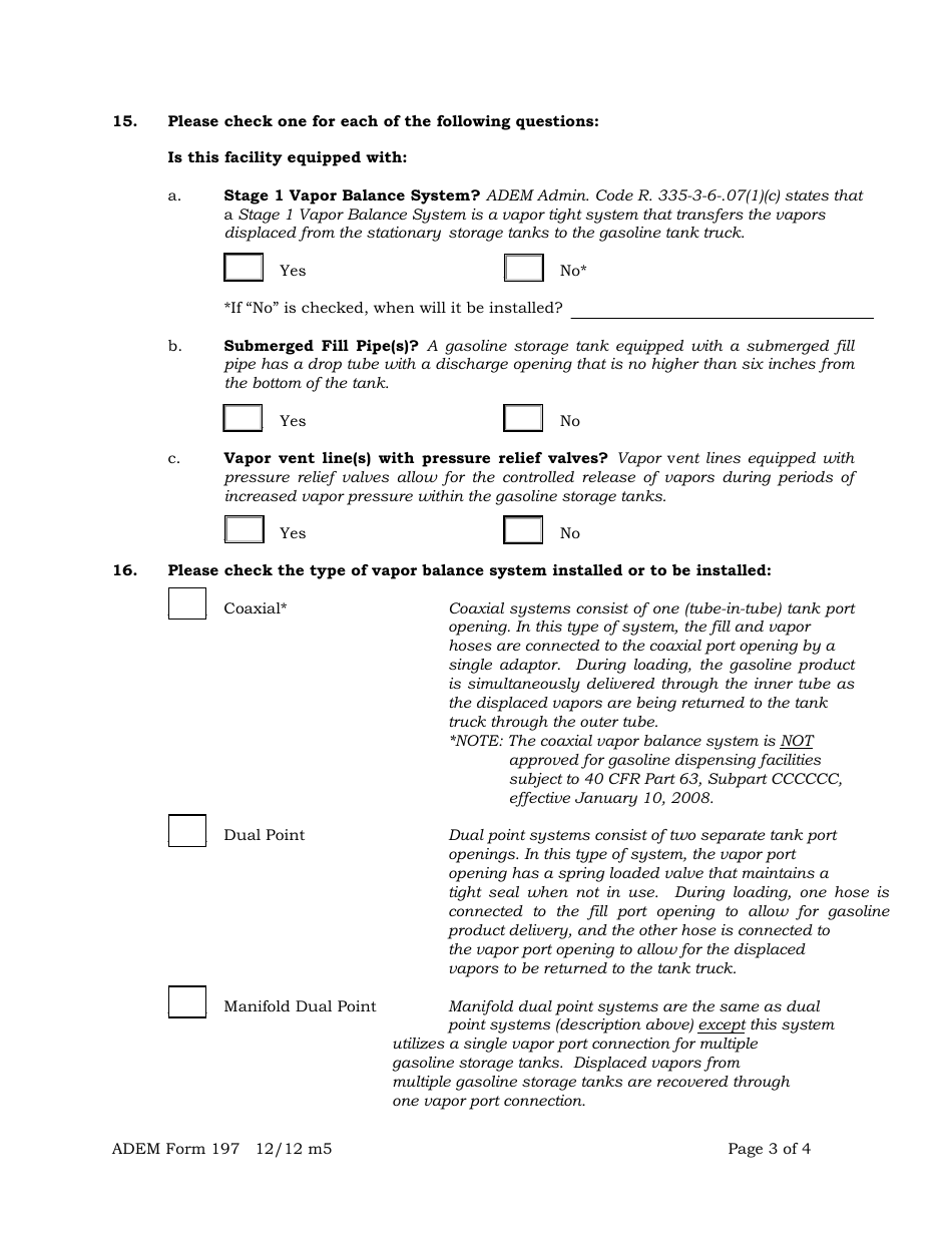 ADEM Form 197 Air Permit Application for Gasoline Dispensing Facilities - Alabama, Page 3
