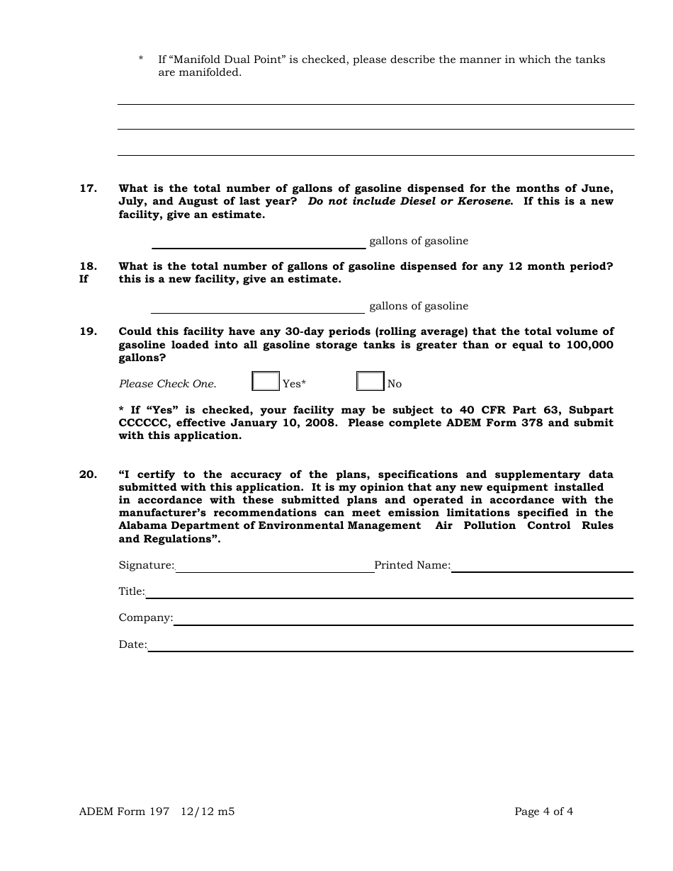 ADEM Form 197 Air Permit Application for Gasoline Dispensing Facilities - Alabama, Page 4