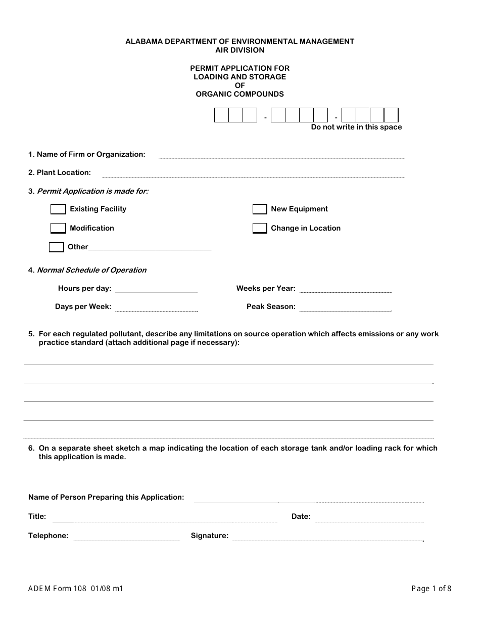 ADEM Form 108 Permit Application for Loading and Storage of Organic Compounds - Alabama, Page 3
