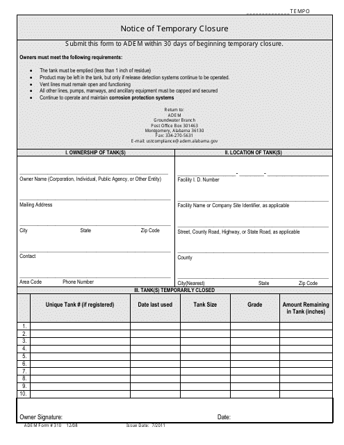 ADEM Form 310  Printable Pdf