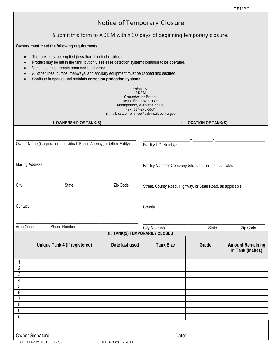 ADEM Form 310 Notice of Temporary Closure - Alabama, Page 1