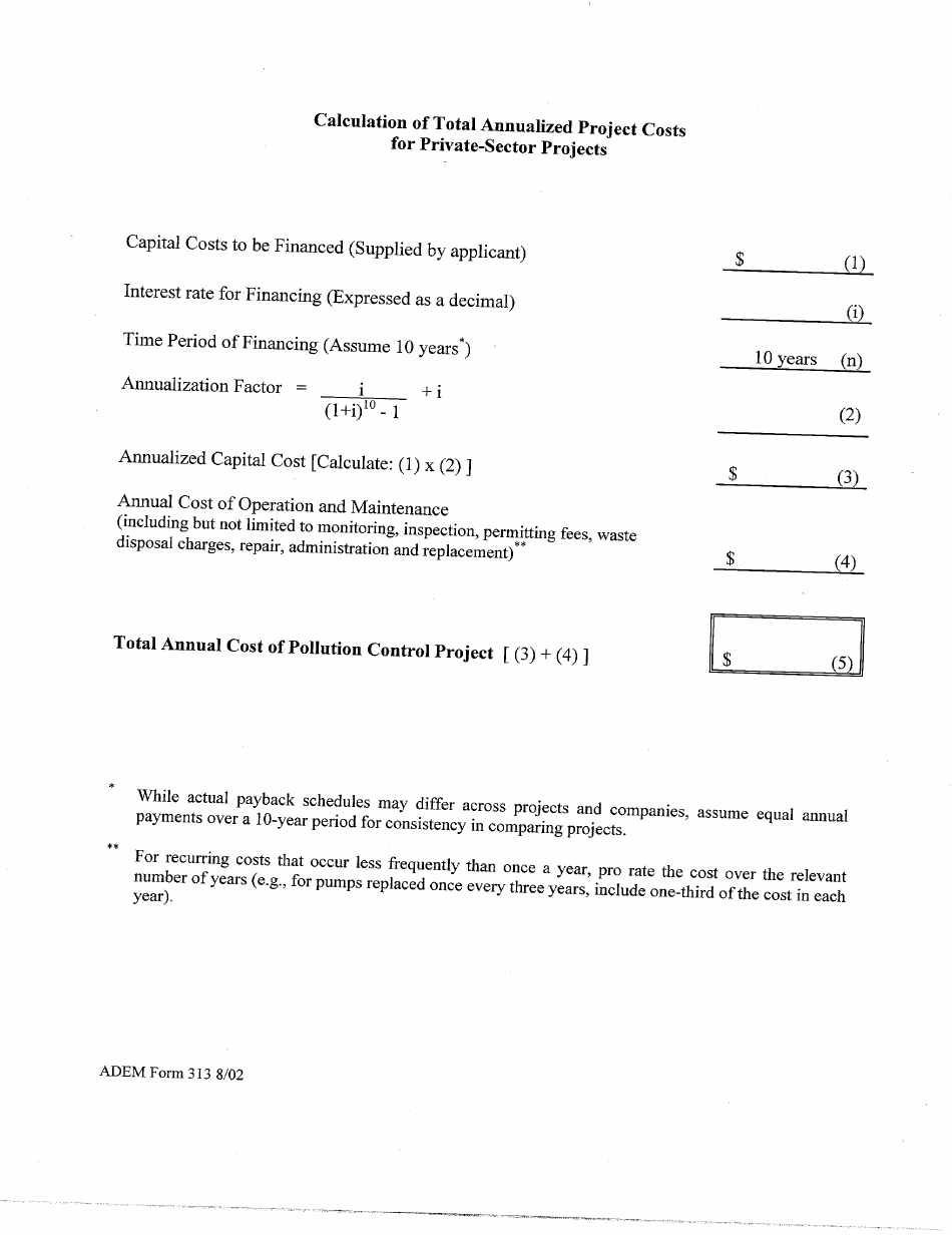 ADEM Form 313 Calculation of Total Annualized Project Costs for Private-Sector Projects - Alabama, Page 1