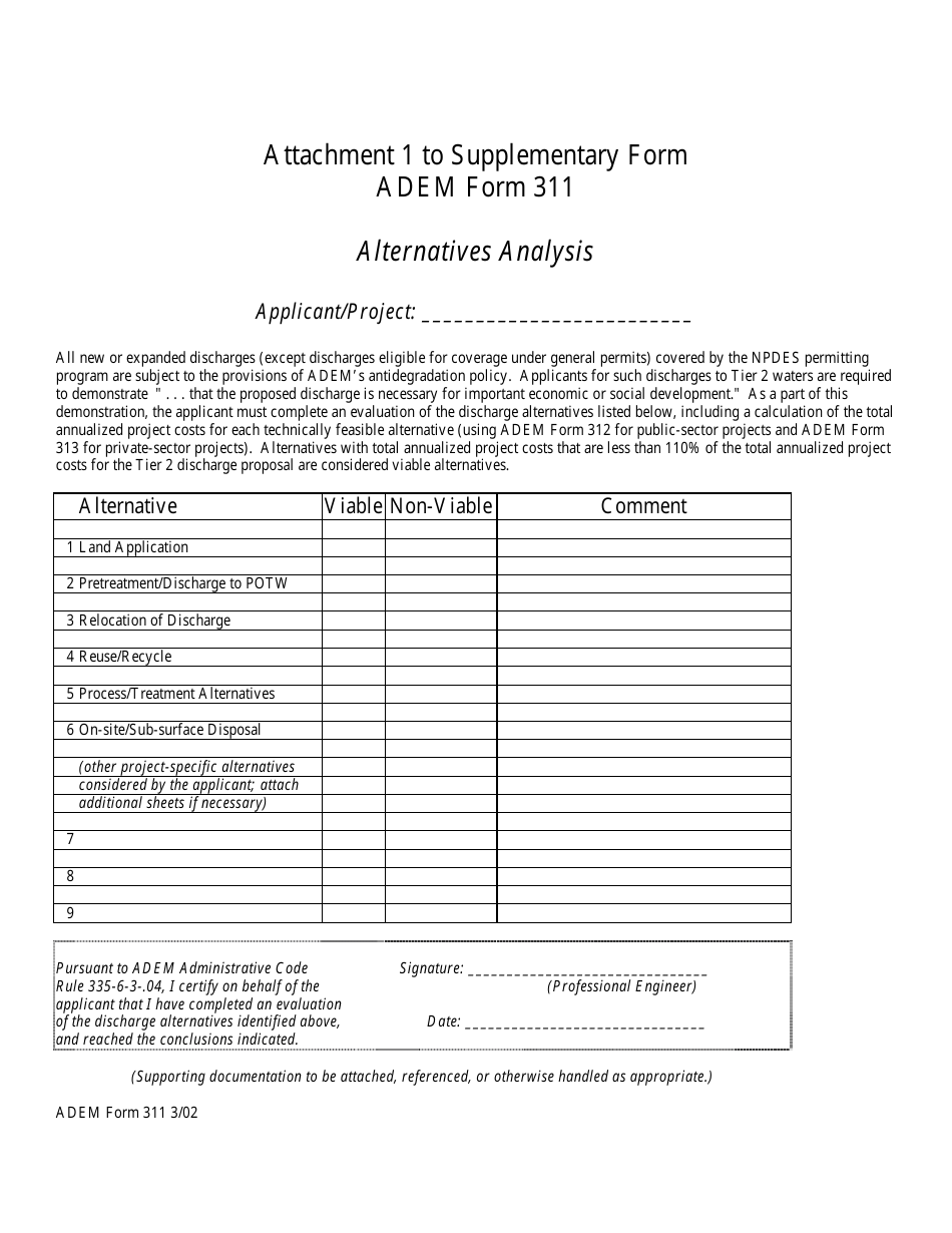 ADEM Form 311 Attachment 1 Alternative Analysis - Alabama, Page 1