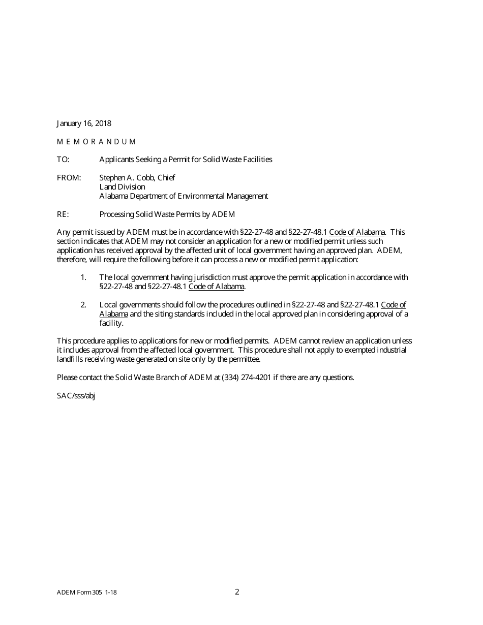 ADEM Form 305 Solid Waste Disposal Facility Construction / Demolition Landfill Permit Application Package - Alabama, Page 2