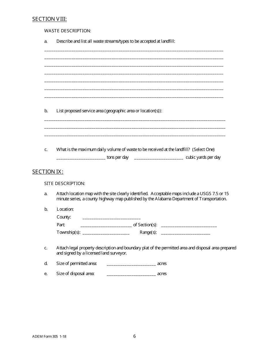 ADEM Form 305 Solid Waste Disposal Facility Construction / Demolition Landfill Permit Application Package - Alabama, Page 6