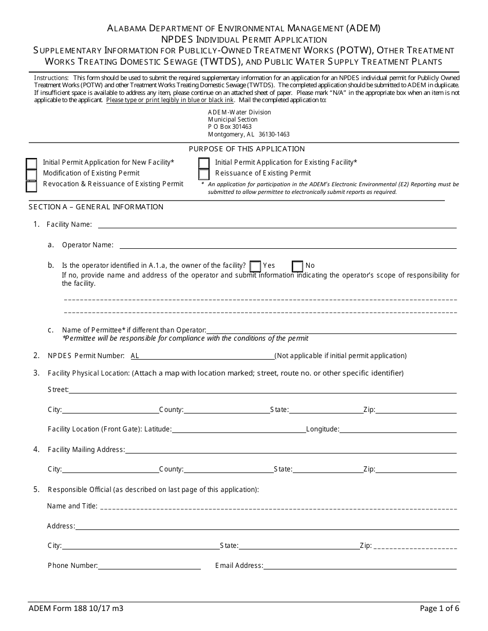 ADEM Form 188 Npdes Individual Permit Application Supplementary Information for Publicly-Owned Treatment Works (Potw), Other Treatment Works Treating Domestic Sewage (Twtds), and Public Water Supply Treatment Plants - Alabama, Page 1