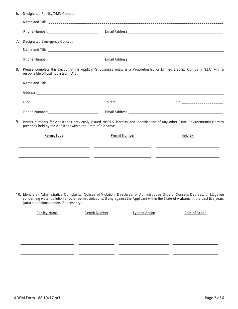 ADEM Form 188 Npdes Individual Permit Application Supplementary Information for Publicly-Owned Treatment Works (Potw), Other Treatment Works Treating Domestic Sewage (Twtds), and Public Water Supply Treatment Plants - Alabama, Page 2