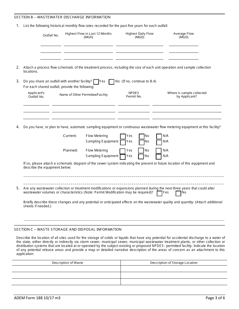 ADEM Form 188 Npdes Individual Permit Application Supplementary Information for Publicly-Owned Treatment Works (Potw), Other Treatment Works Treating Domestic Sewage (Twtds), and Public Water Supply Treatment Plants - Alabama, Page 3