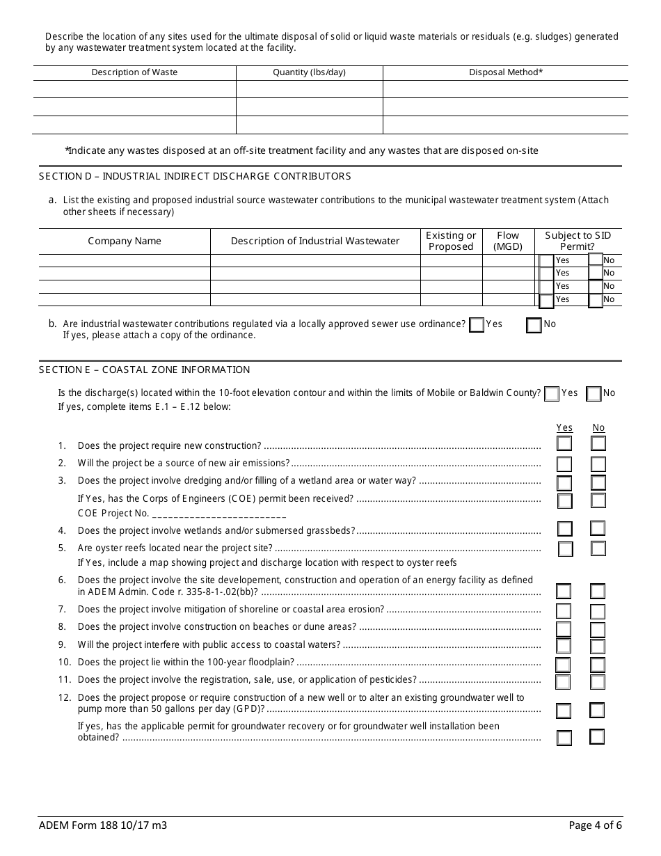 ADEM Form 188 Npdes Individual Permit Application Supplementary Information for Publicly-Owned Treatment Works (Potw), Other Treatment Works Treating Domestic Sewage (Twtds), and Public Water Supply Treatment Plants - Alabama, Page 4