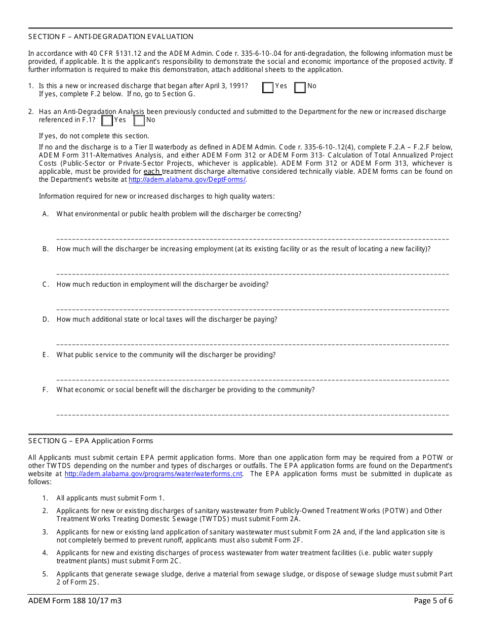 ADEM Form 188 Npdes Individual Permit Application Supplementary Information for Publicly-Owned Treatment Works (Potw), Other Treatment Works Treating Domestic Sewage (Twtds), and Public Water Supply Treatment Plants - Alabama, Page 5