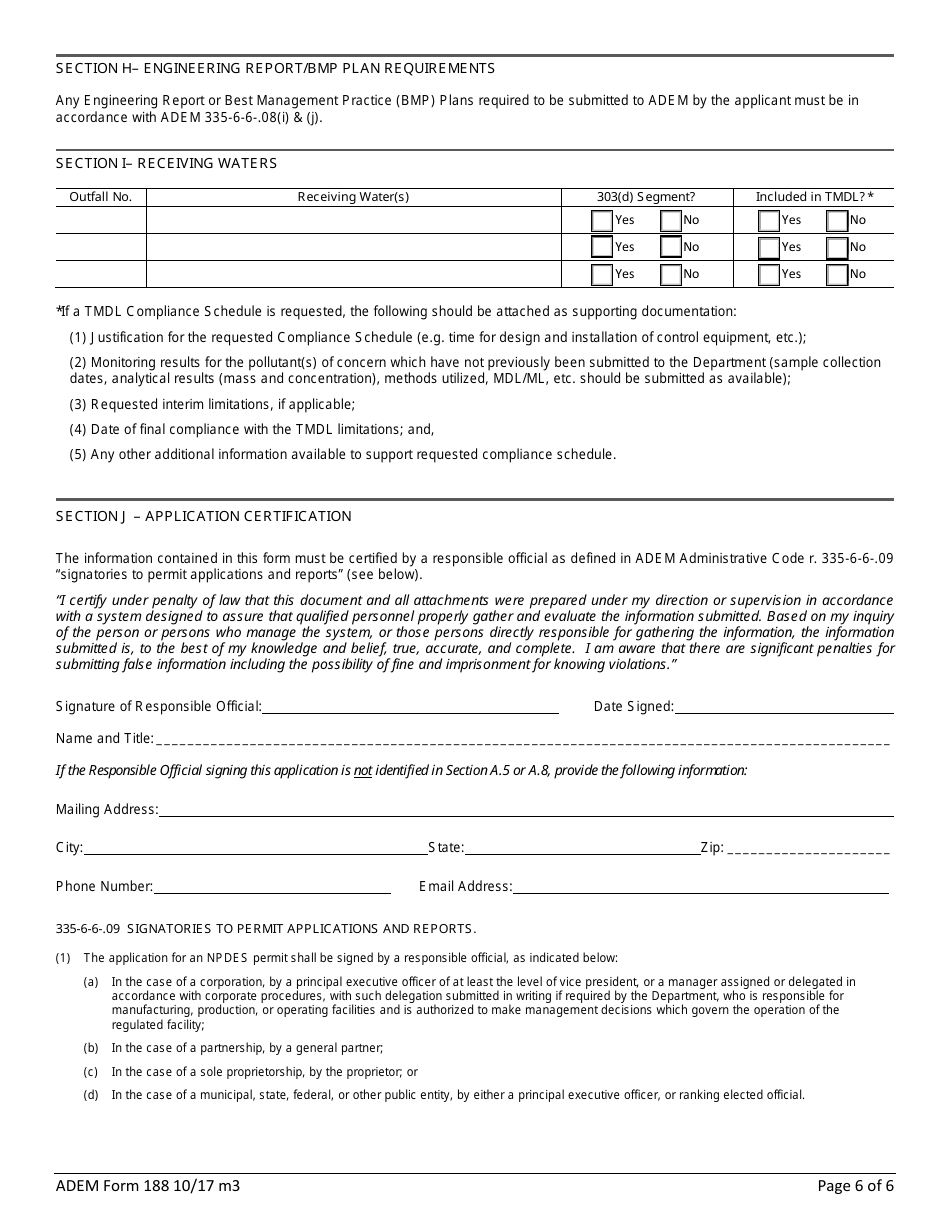 ADEM Form 188 Npdes Individual Permit Application Supplementary Information for Publicly-Owned Treatment Works (Potw), Other Treatment Works Treating Domestic Sewage (Twtds), and Public Water Supply Treatment Plants - Alabama, Page 6